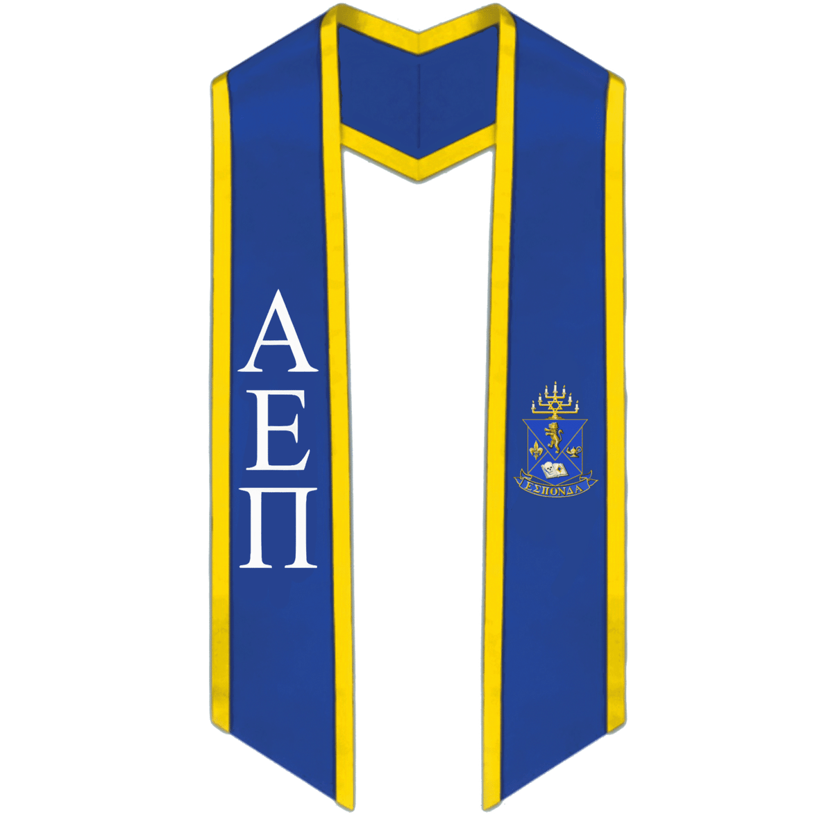 Alpha Epsilon Pi Trimmed Greek Lettered Graduation Stole w/ Crest - Graduation Gown and Cap