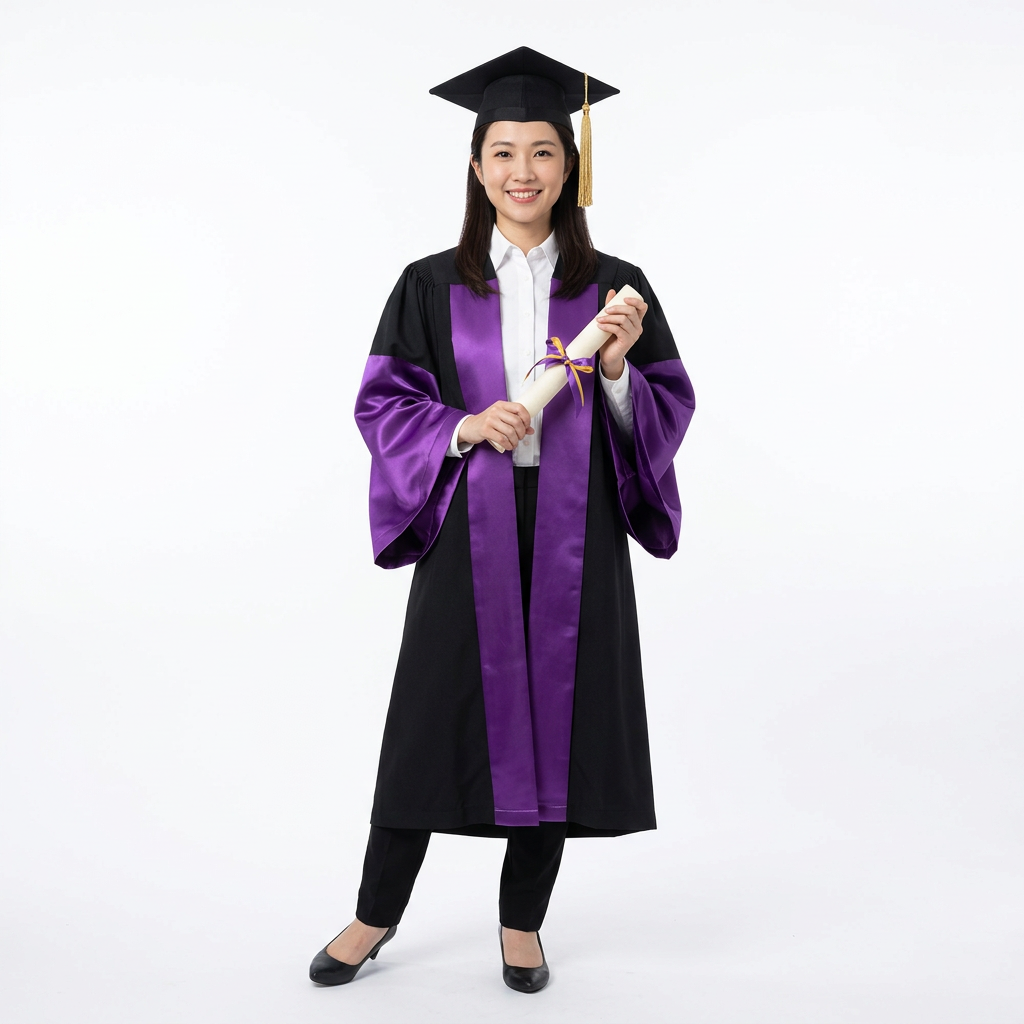 Female Graduate Model in CUHK Doctoral Academic Gown Holding Diploma