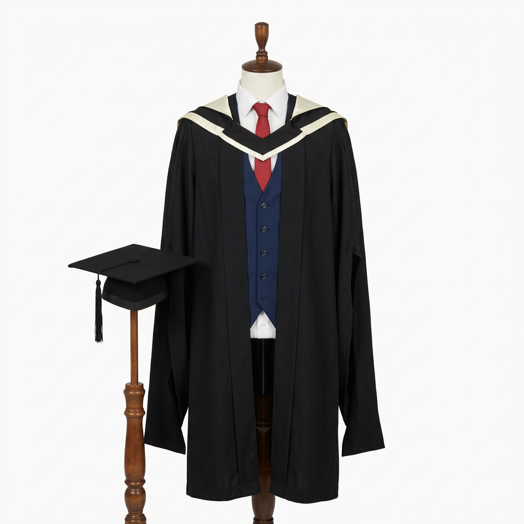 University of London UCL Master Regalia Studio Dress Form Front View with Mortarboard on Stand