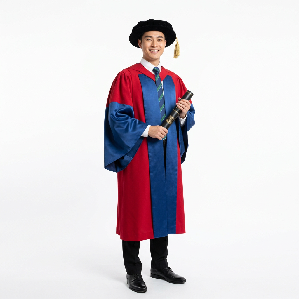 Joyful Male Doctoral Graduate Model Wearing HKU Doctoral Regalia and Tudor Bonnet