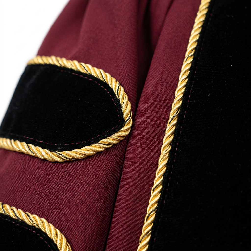 Maroon Burgundy Fabric and Gold Piping Craftsmanship Detail