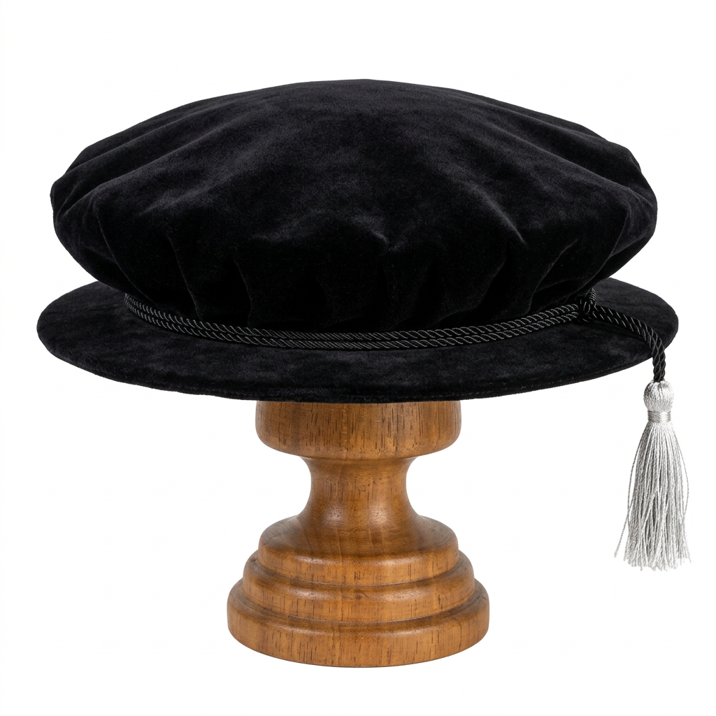 University of London UCL Doctoral Black Velvet Tudor Bonnet on Wooden Stand with Silver Tassel