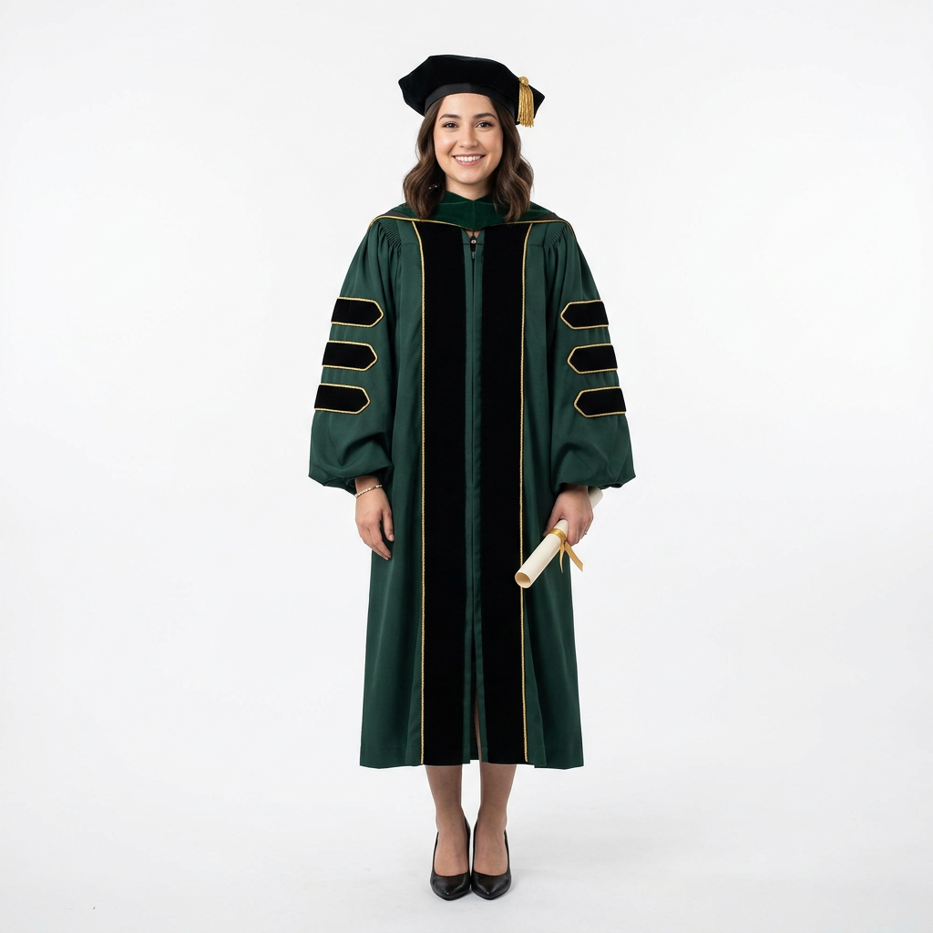 Female Graduate Model in Forest Green Deluxe Doctoral Regalia with Gold Piping