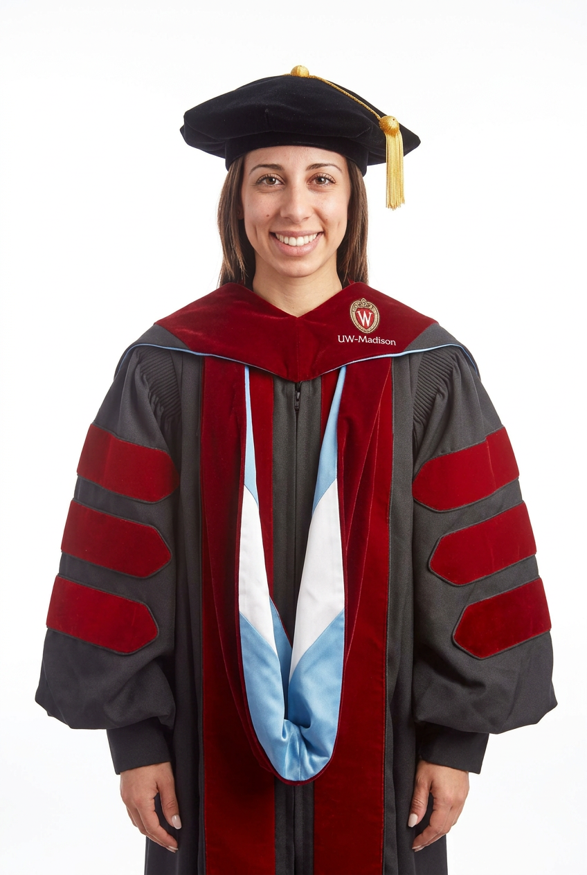 Female Graduate Model Wearing UW-Madison Doctoral Hood