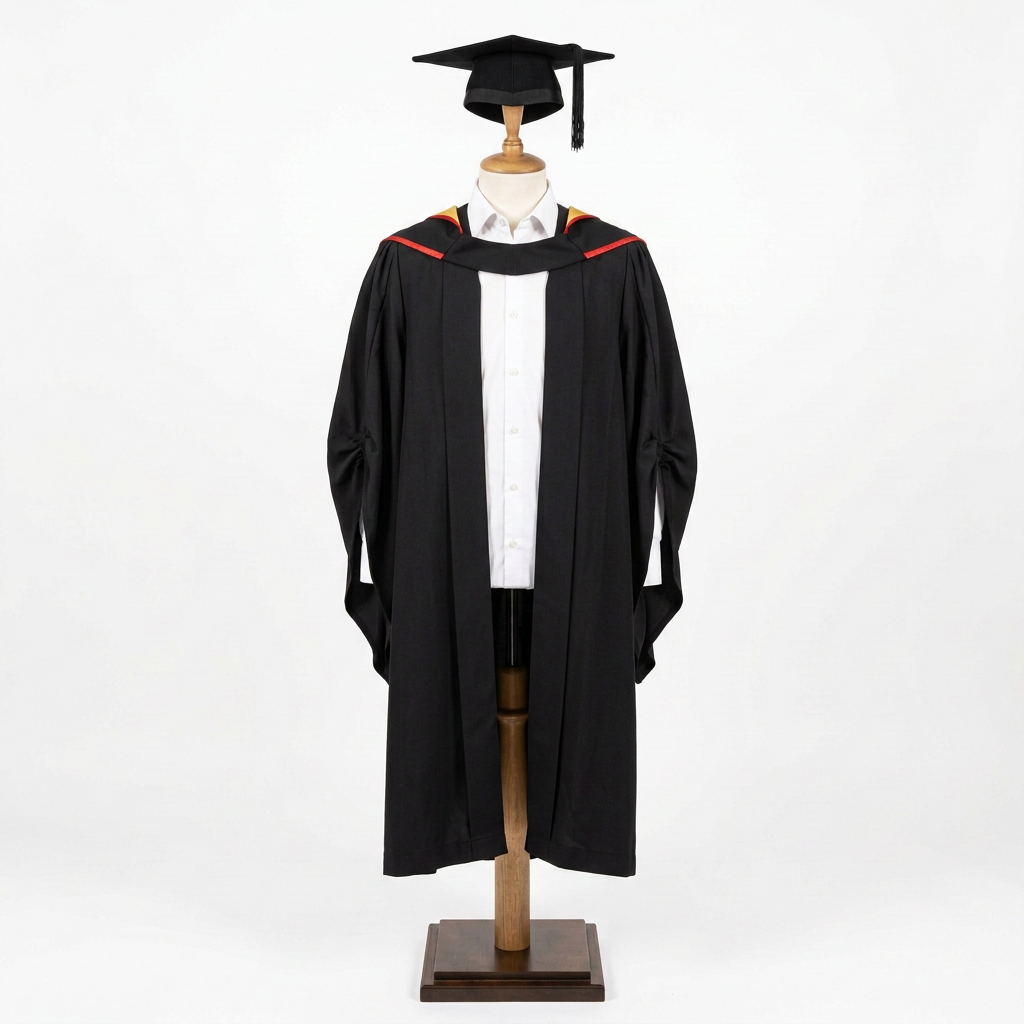 Lancaster University Master Regalia Studio Dress Form Front View with Mortarboard on Top