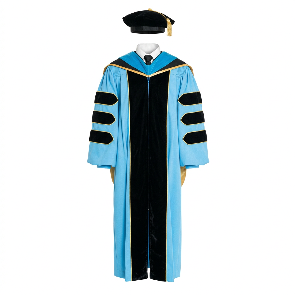 Deluxe Doctoral Regalia 3-Piece Set with Gold Piping Sky Blue Studio Main Photo