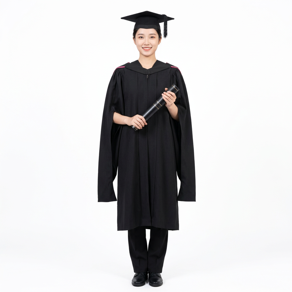 Female Graduate Model in Authentic Durham University Master Regalia Front View