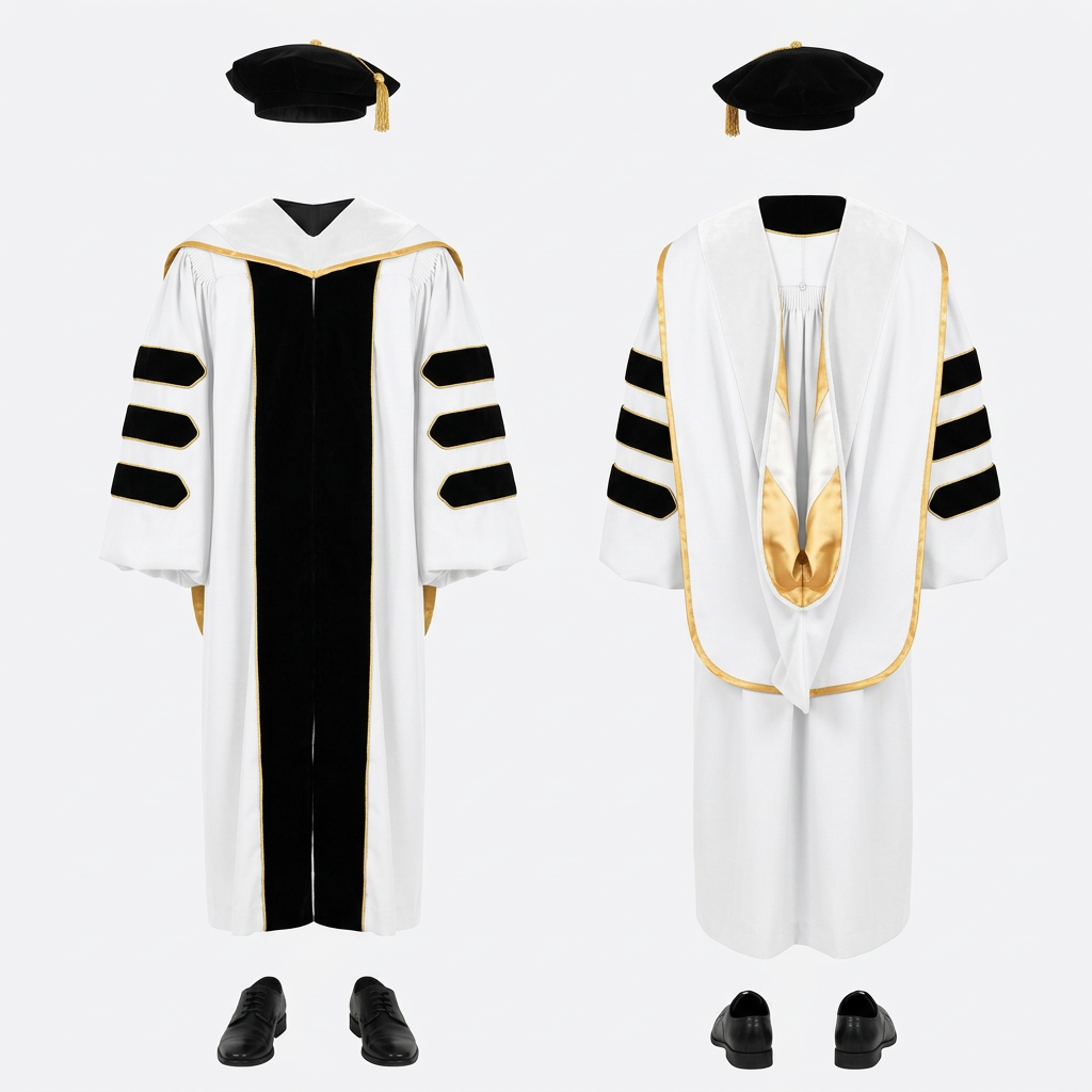 Deluxe Doctoral Regalia 3-Piece Set with Gold Piping Pure White Studio Main Photo