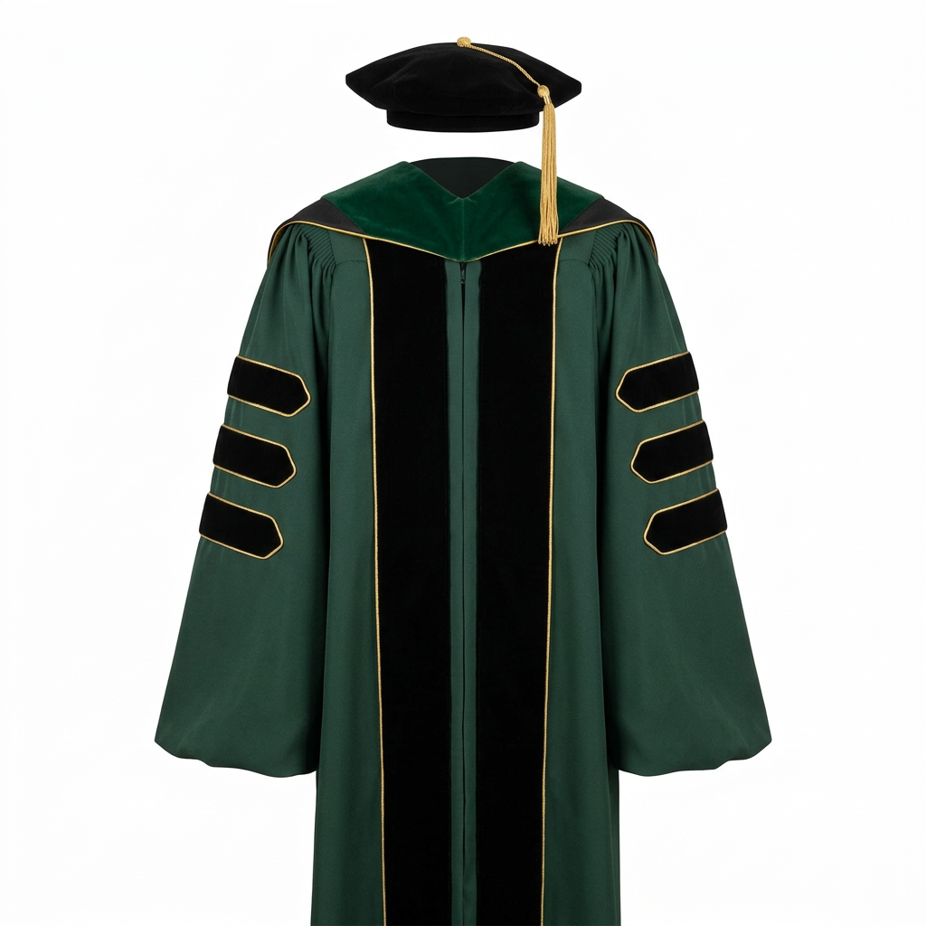 Deluxe Doctoral Regalia 3-Piece Set with Gold Piping Forest Green Studio Main Photo