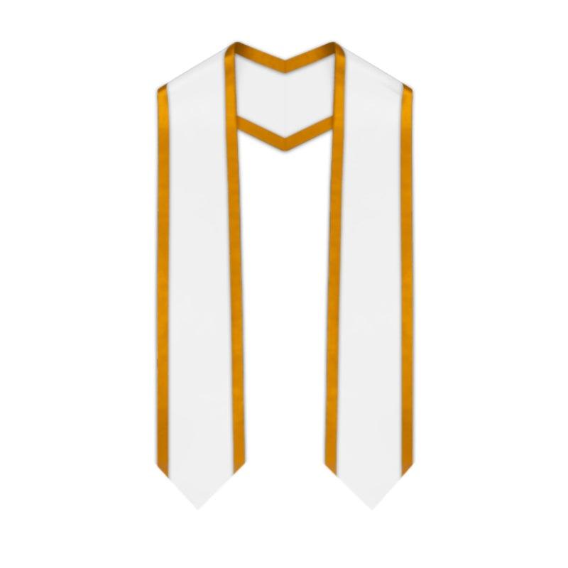 White Pointed Graduation Stole with Antique Gold Trim - Graduation Gown and Cap