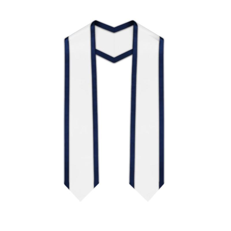White Pointed Graduation Stole with Navy Blue Trim - Graduation Gown and Cap