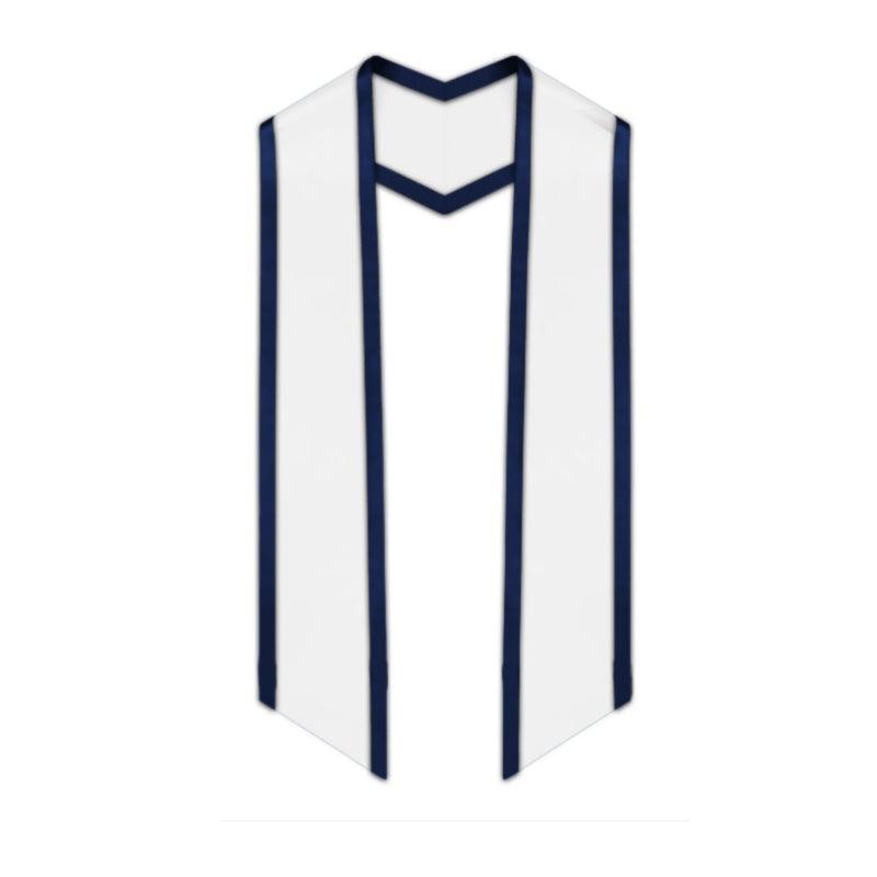 White Slanted Graduation Stole with Navy Blue Trim - Graduation Gown and Cap