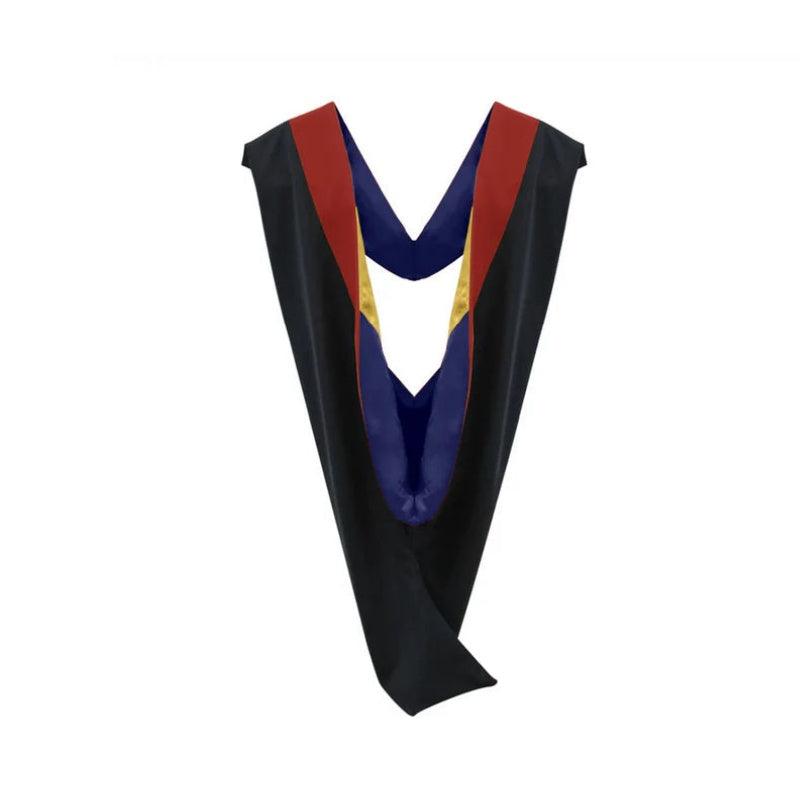 Deluxe Bachelors/Masters Hood - Scarlet Velvet, Dark Blue & Gold - Graduation Gown and Cap