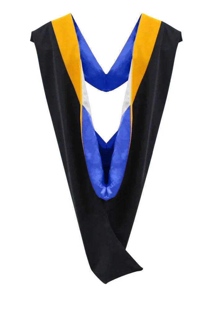 Deluxe Bachelors/Masters Hood - Science Gold Velvet, Royal Blue & White - Graduation Gown and Cap