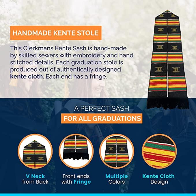 Kente Graduation Kente Stole, Handwoven Kente Sash Cloth - Graduation Gown and Cap