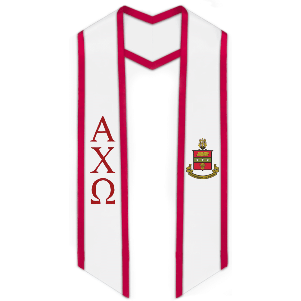 Alpha Chi Omega Trimmed Greek Lettered Graduation Stole w/ Crest - Graduation Gown and Cap