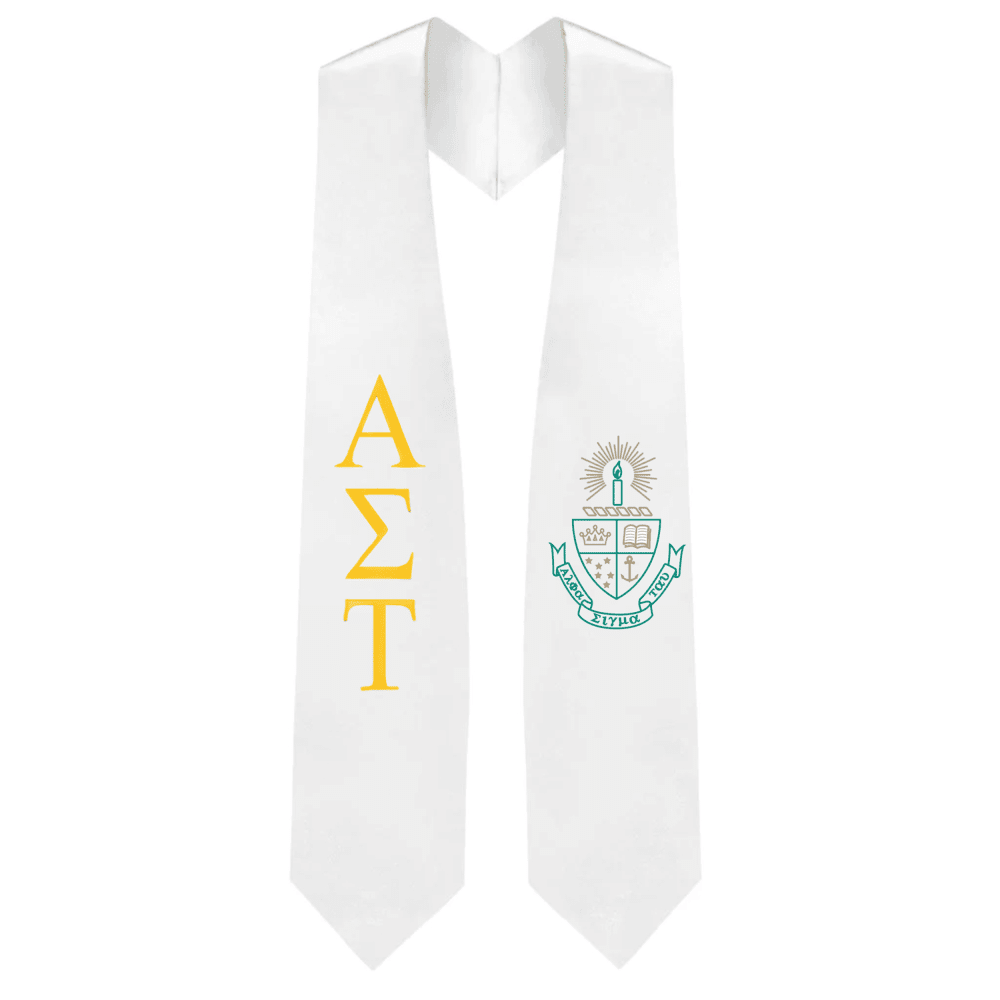 Alpha Sigma Tau Greek Lettered Graduation Stole w/ Crest - Graduation Gown and Cap