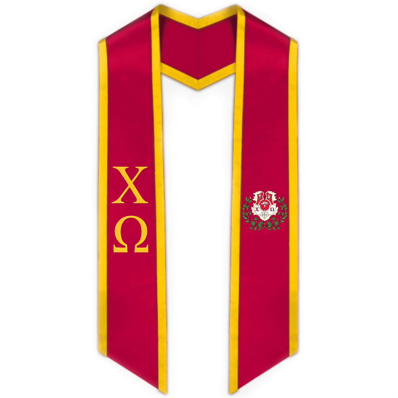 Chi Omega Trimmed Greek Lettered Graduation Stole w/ Crest - Graduation Gown and Cap
