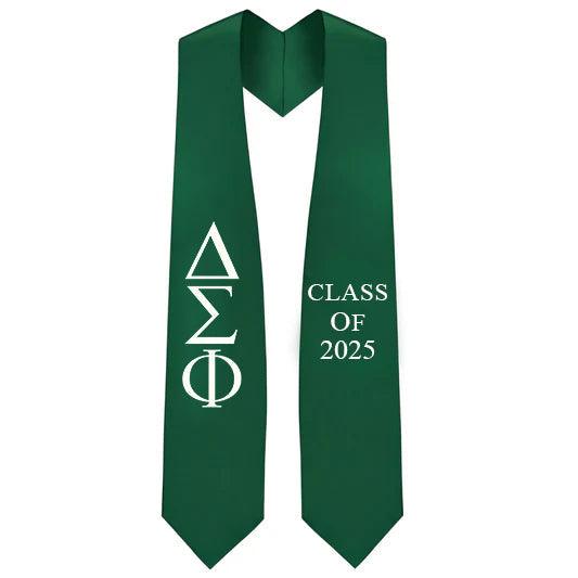 Delta Sigma Phi Greek Lettered Stole with Year - Graduation Gown and Cap
