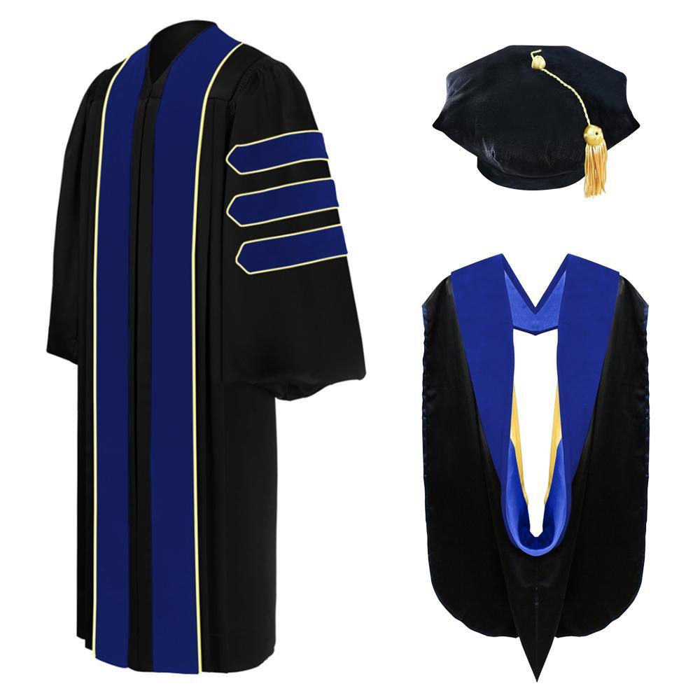 Deluxe PhD Doctoral Graduation Tam, Gown & Hood Package - PhD Blue - Graduation Gown and Cap