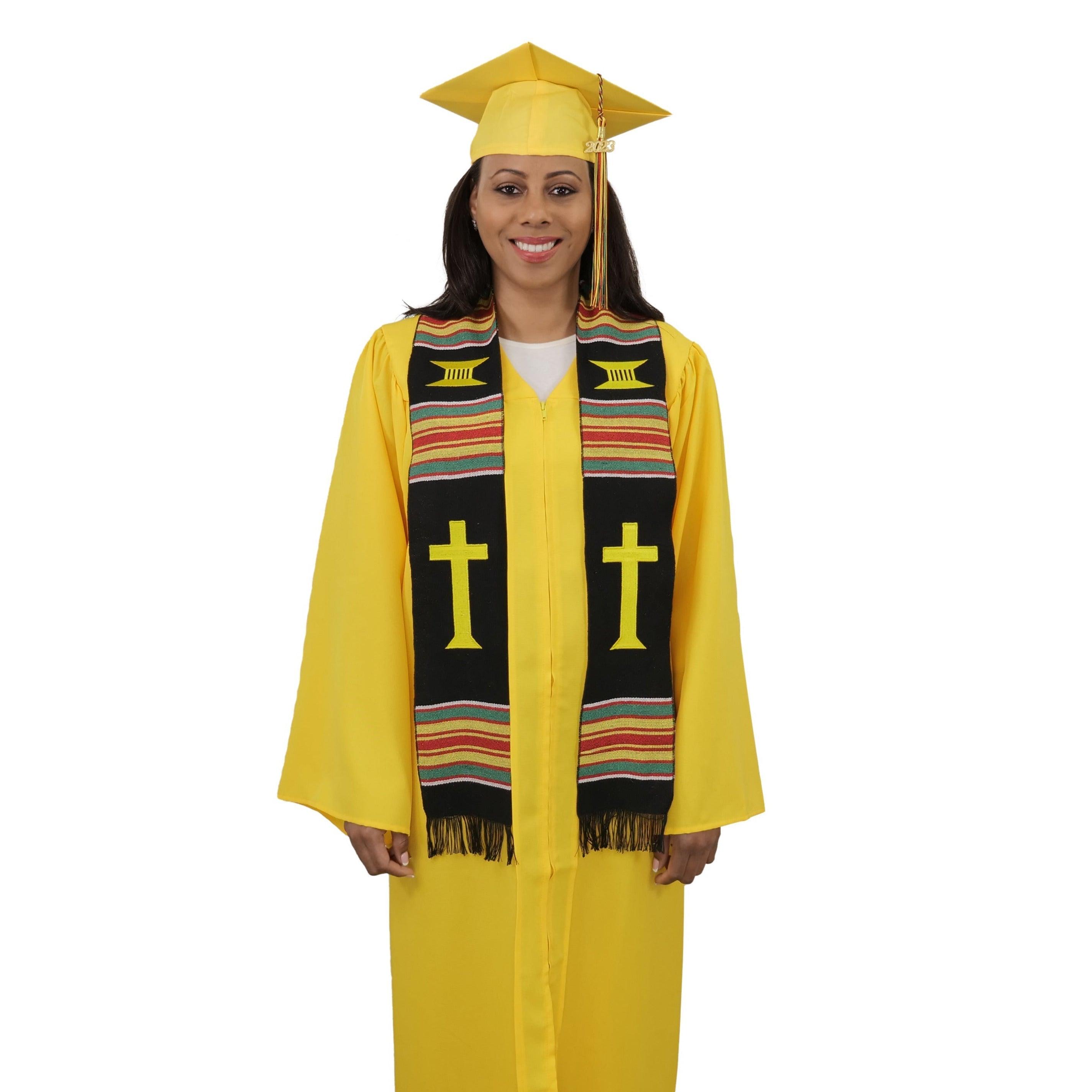Christian Cross Graduation Kente Stole, Handwoven Kente Clergy Usher Cloth - Graduation Gown and Cap