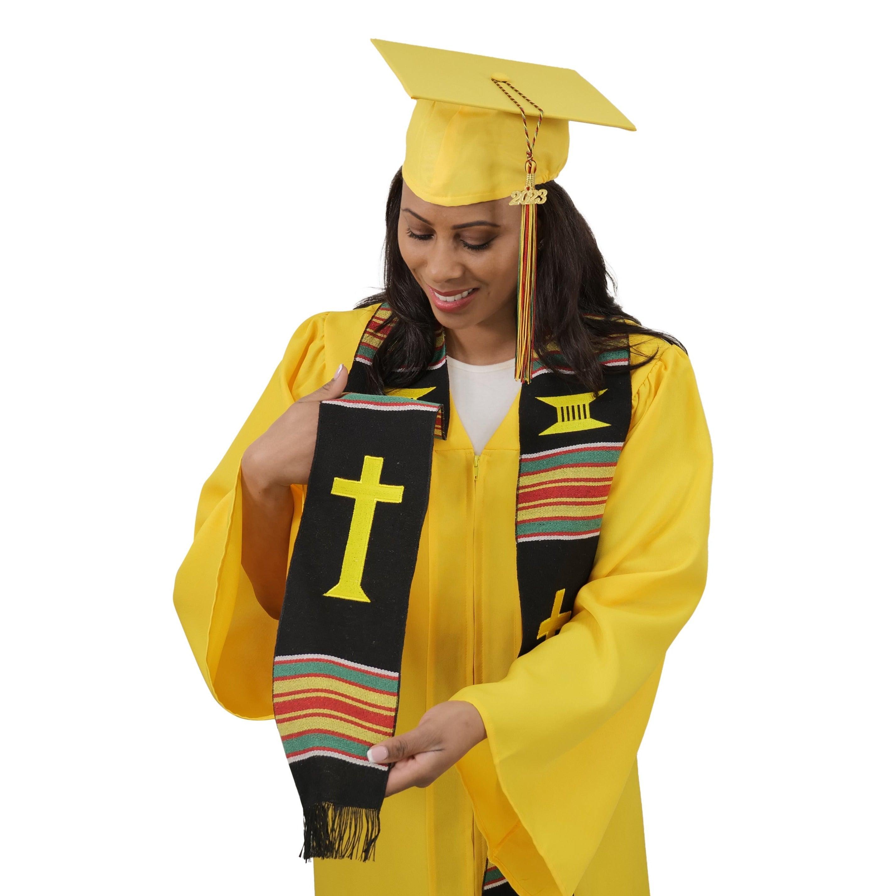 Christian Cross Graduation Kente Stole, Handwoven Kente Clergy Usher Cloth - Graduation Gown and Cap