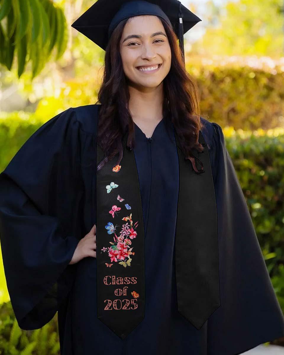 Class of 2025 Adults Floral Imprinted Graduation Stoles with Classic End - 2 Colors Available - Graduation Gown and Cap
