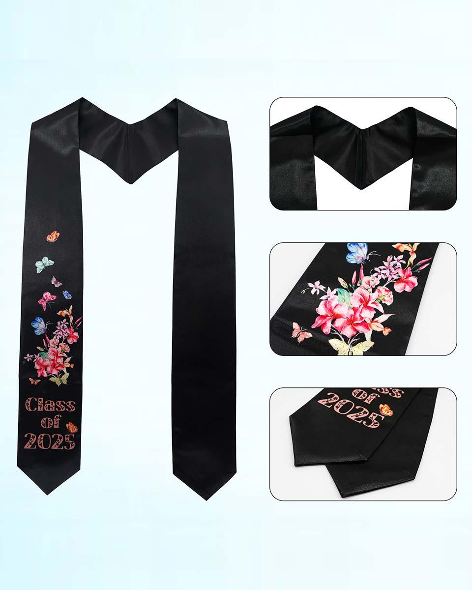 Class of 2025 Adults Floral Imprinted Graduation Stoles with Classic End - 2 Colors Available - Graduation Gown and Cap
