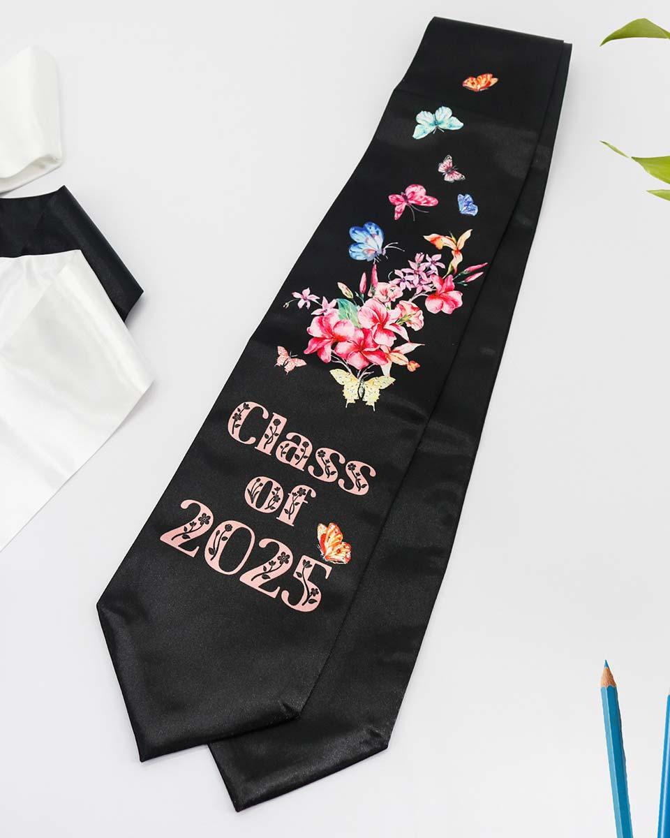 Class of 2025 Adults Floral Imprinted Graduation Stoles with Classic End - 2 Colors Available - Graduation Gown and Cap