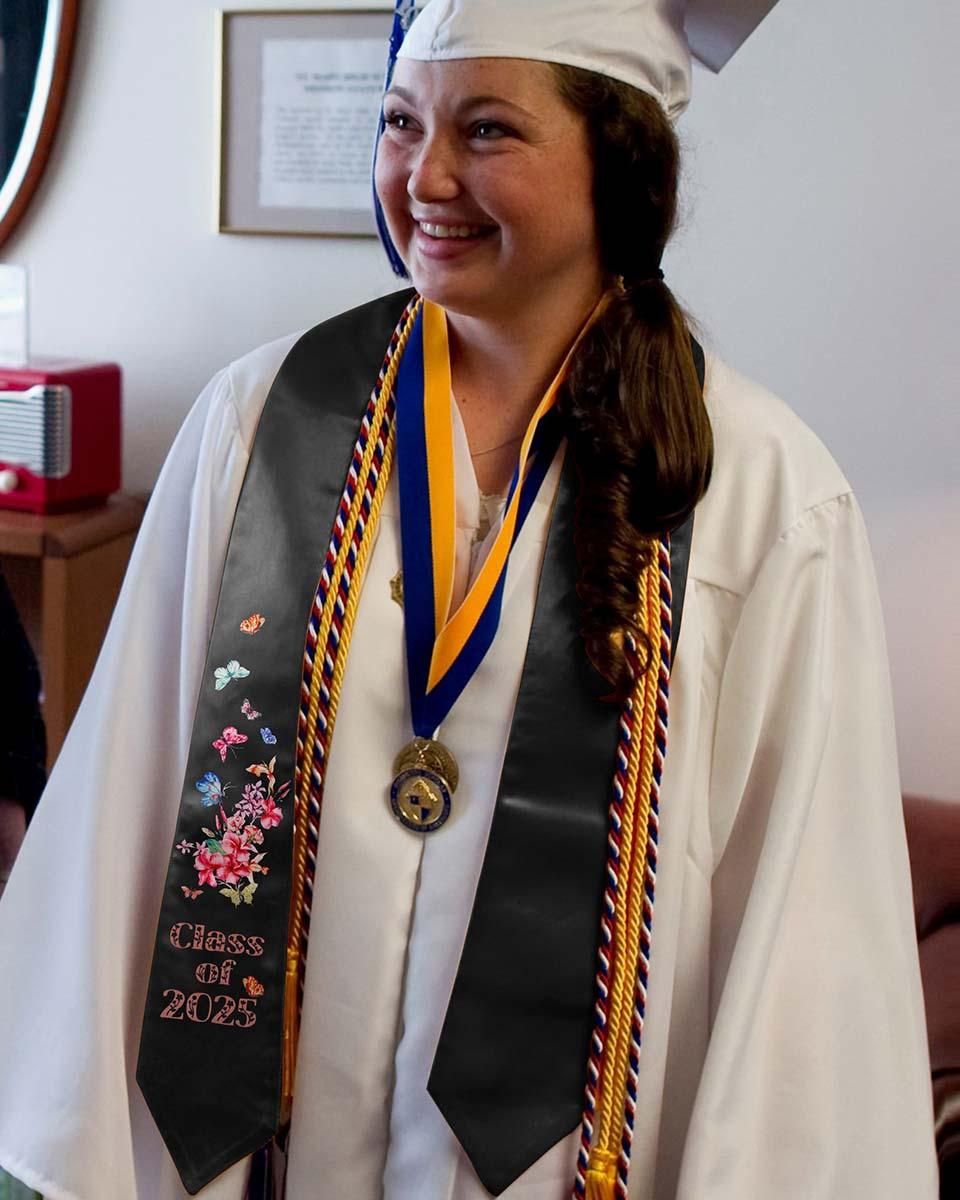 Class of 2025 Adults Floral Imprinted Graduation Stoles with Classic End - 2 Colors Available - Graduation Gown and Cap