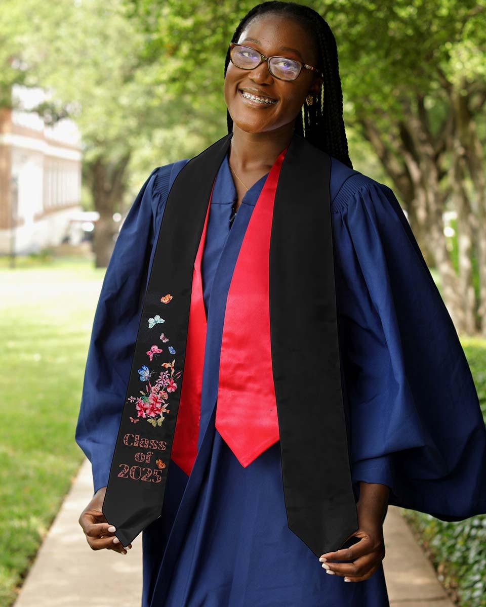 Class of 2025 Adults Floral Imprinted Graduation Stoles with Classic End - 2 Colors Available - Graduation Gown and Cap
