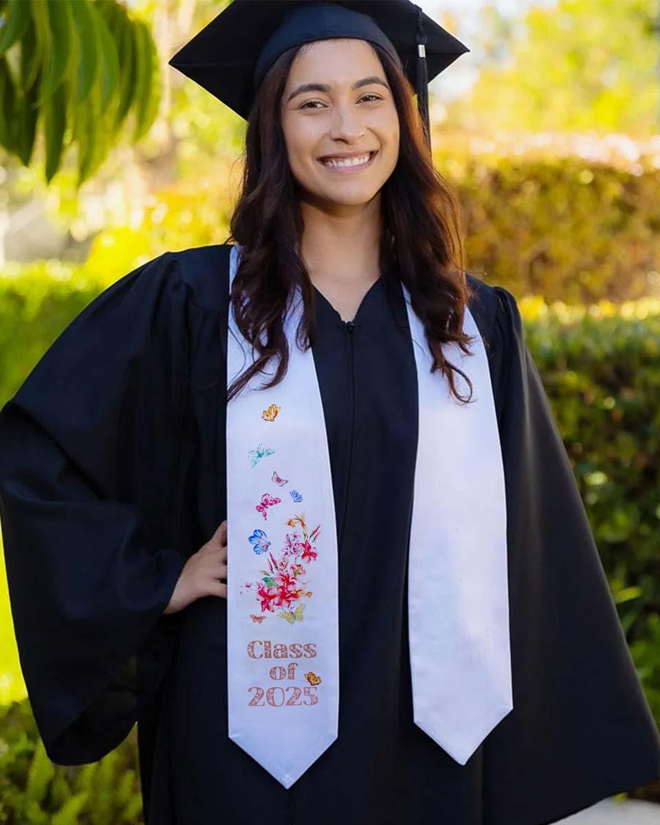 Class of 2025 Adults Floral Imprinted Graduation Stoles with Classic End - 2 Colors Available - Graduation Gown and Cap