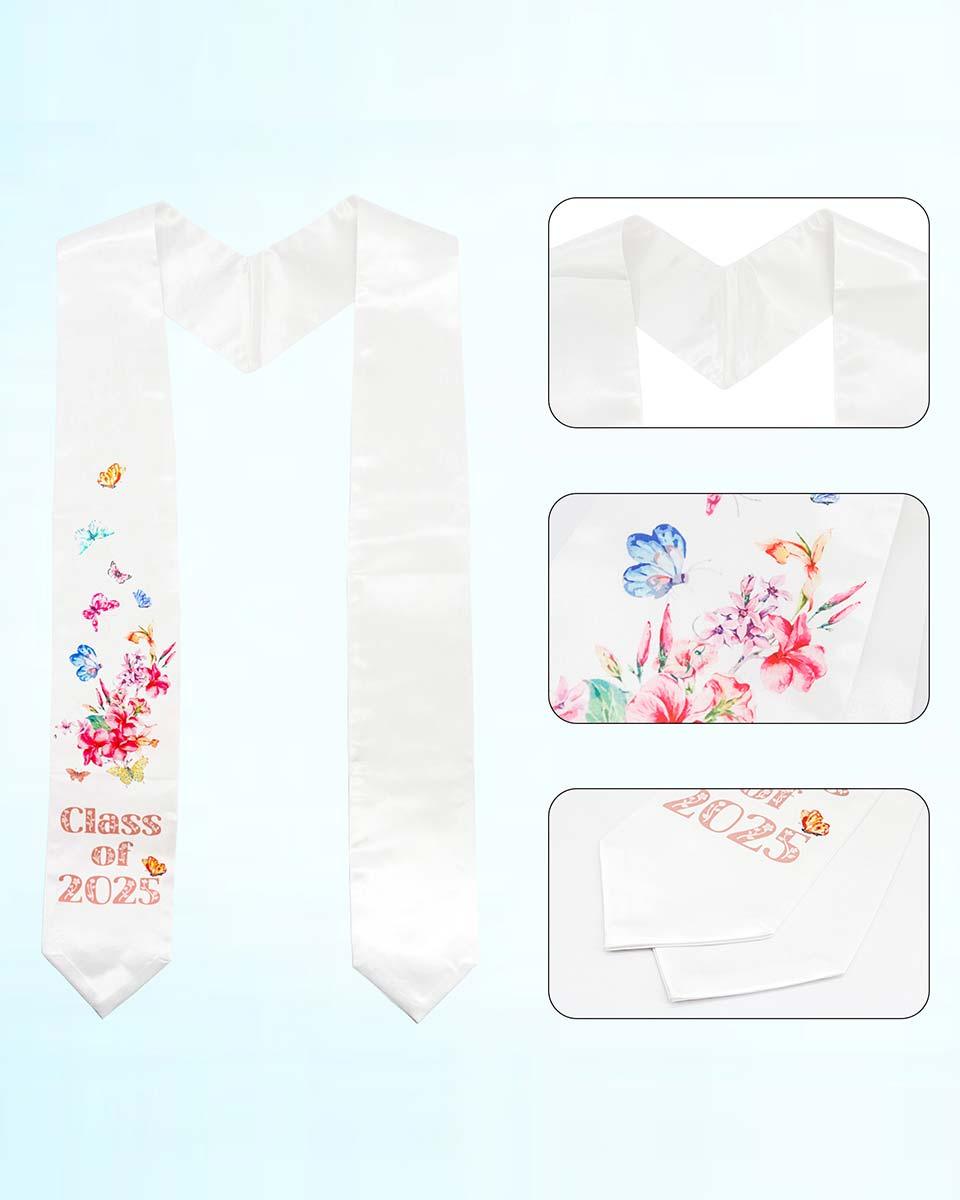 Class of 2025 Adults Floral Imprinted Graduation Stoles with Classic End - 2 Colors Available - Graduation Gown and Cap