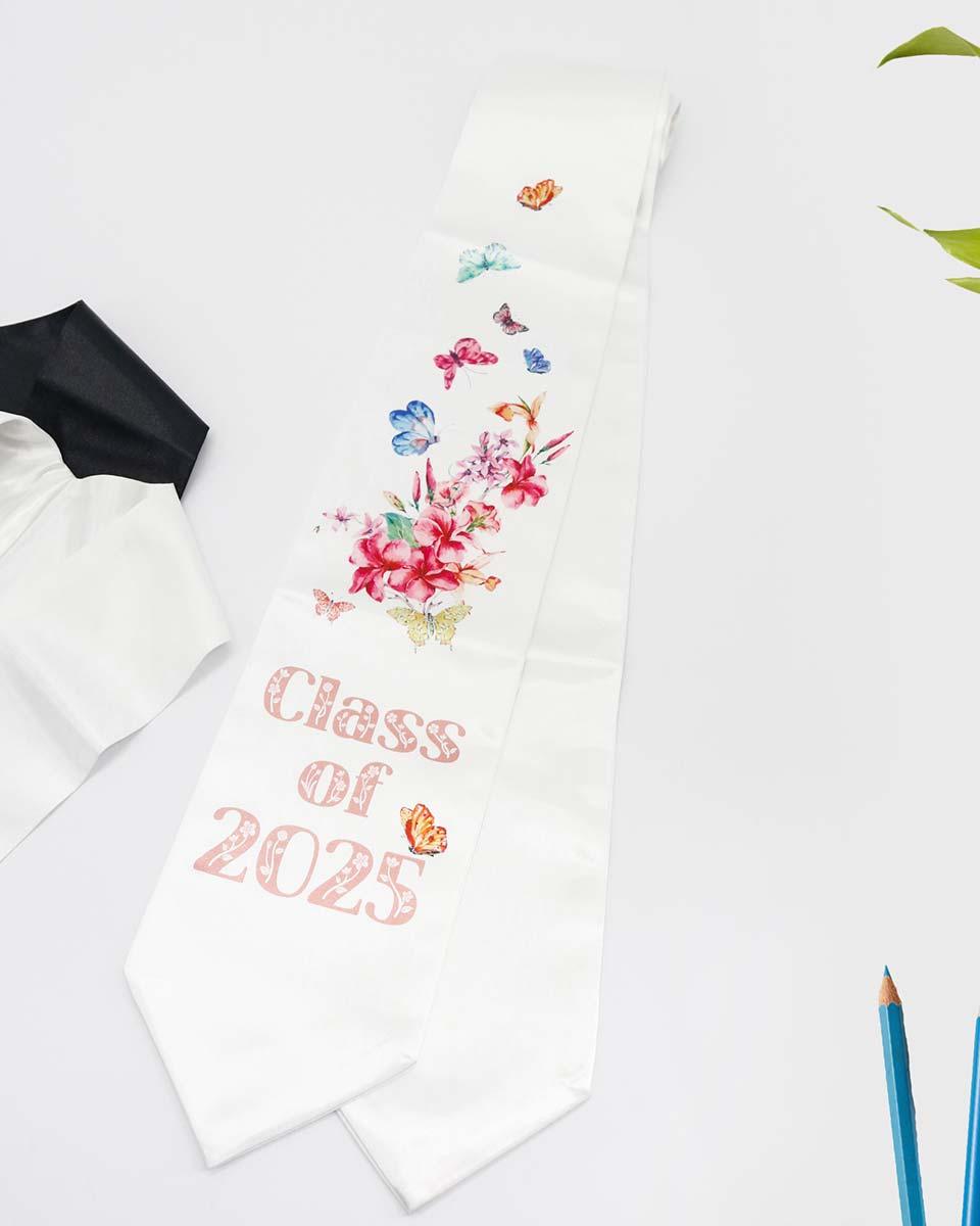 Class of 2025 Adults Floral Imprinted Graduation Stoles with Classic End - 2 Colors Available - Graduation Gown and Cap