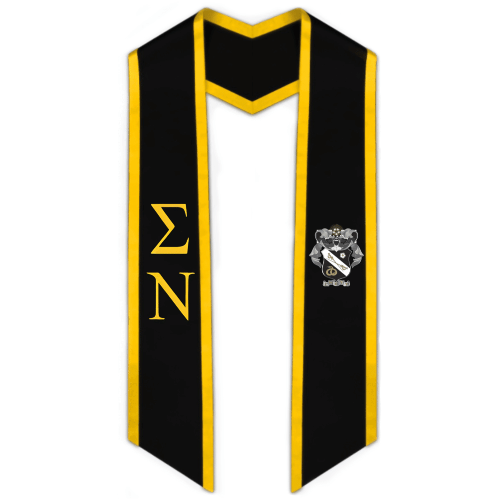 Sigma Nu Trimmed Greek Lettered Graduation Stole W/ Crest - Graduation Gown and Cap