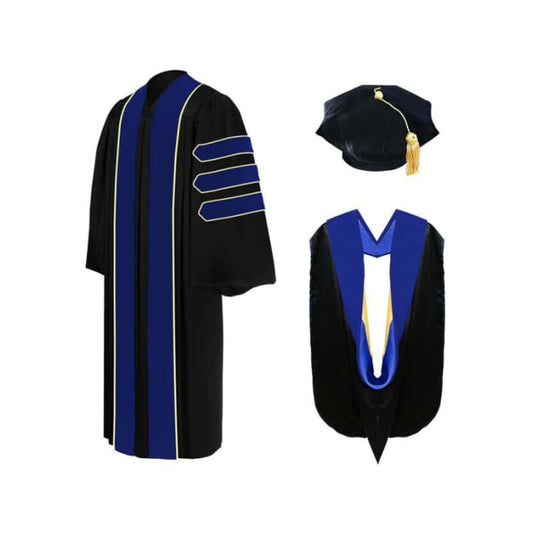 Deluxe PhD Doctoral Graduation Tam, Gown & Hood Package - PhD Blue - Graduation Gown and Cap