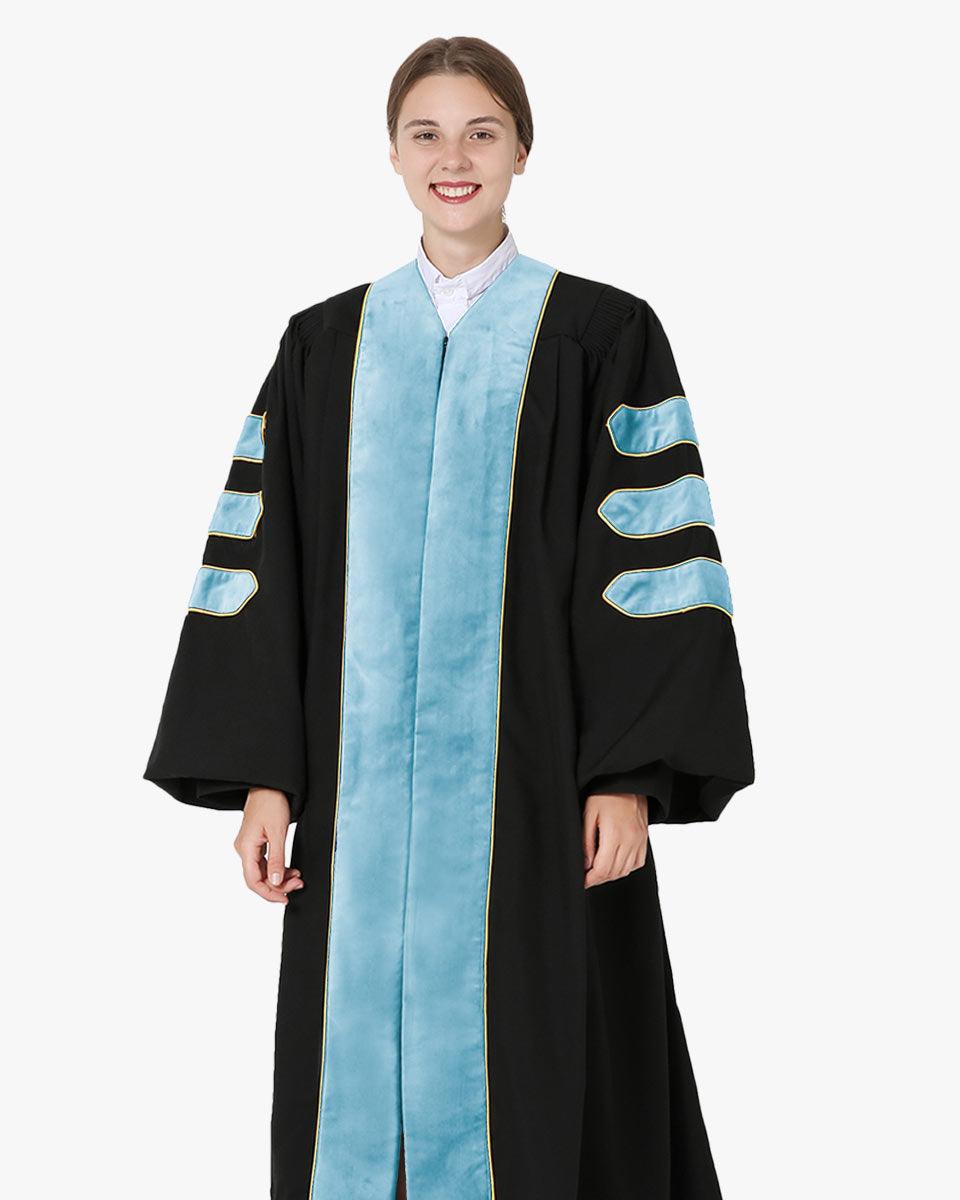 Deluxe Doctoral Gown Tam - Light Blue Trim with Gold Piping - Graduation Gown and Cap