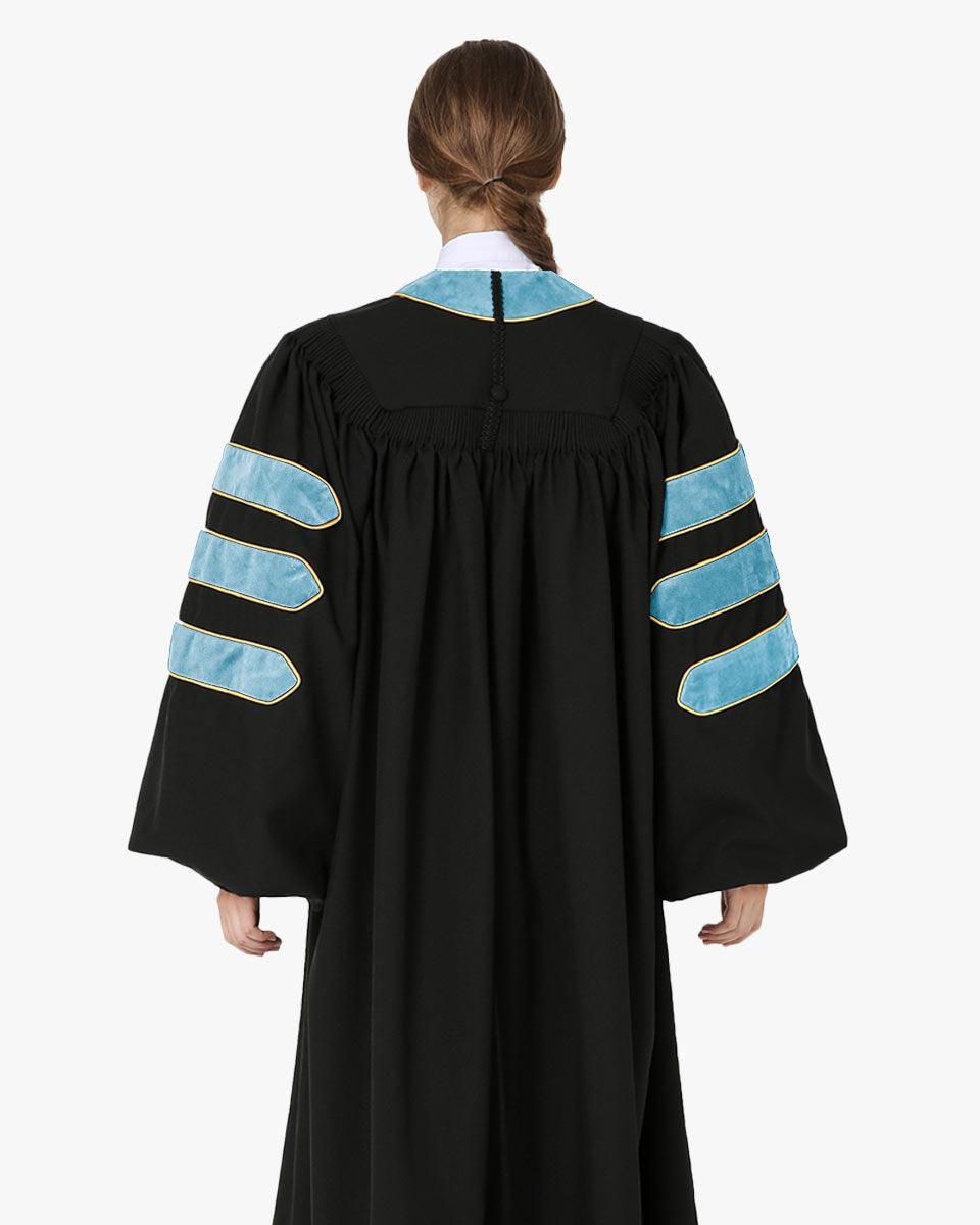 Deluxe Doctoral Gown Tam - Light Blue Trim with Gold Piping - Graduation Gown and Cap