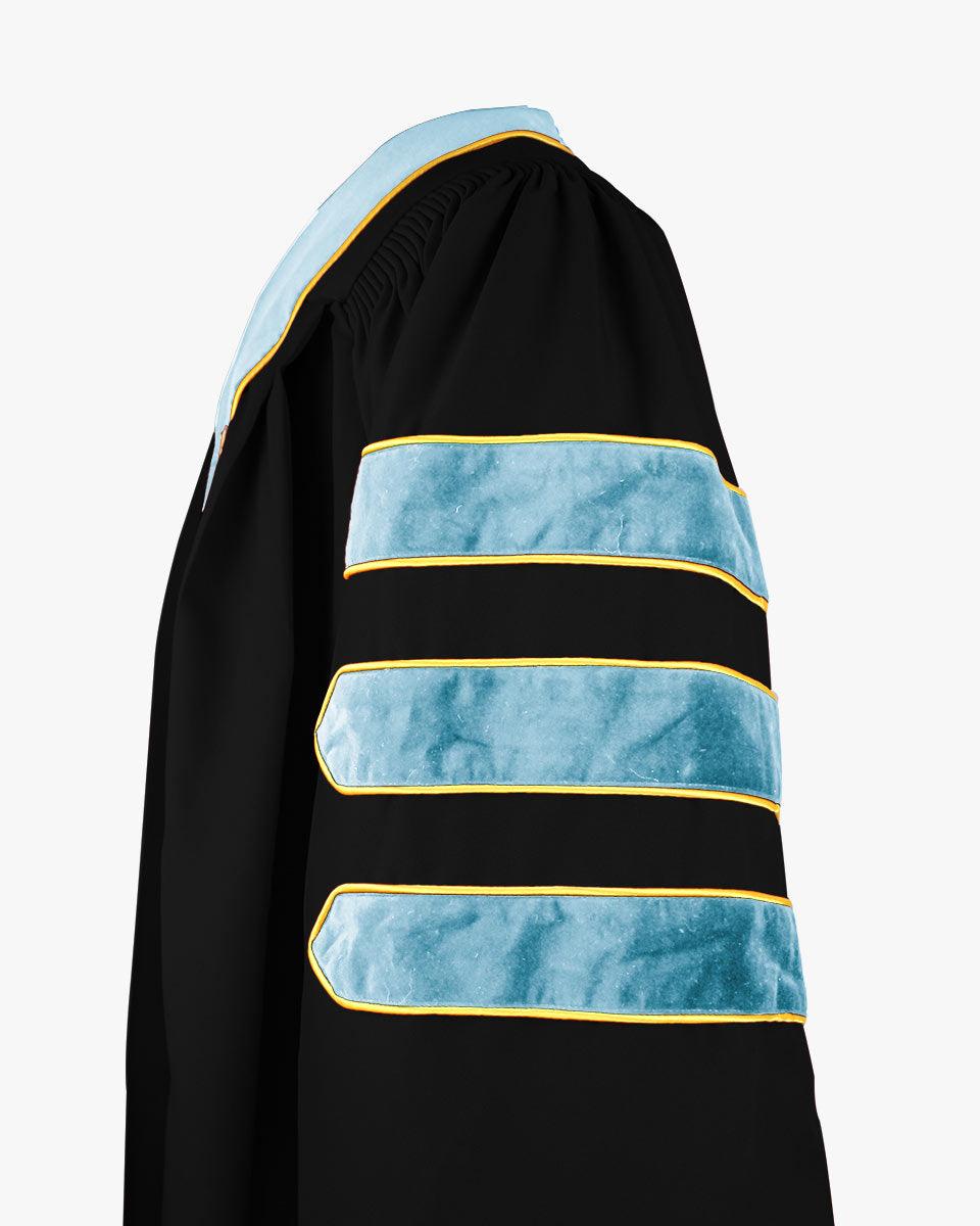 Deluxe Doctoral Gown Tam - Light Blue Trim with Gold Piping - Graduation Gown and Cap