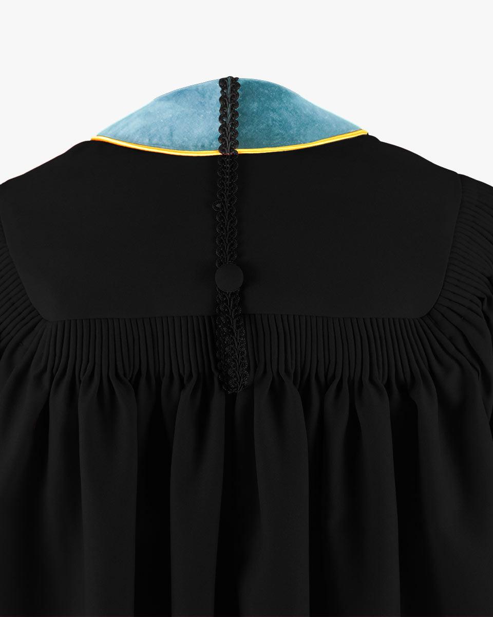 Deluxe Doctoral Gown Tam - Light Blue Trim with Gold Piping - Graduation Gown and Cap