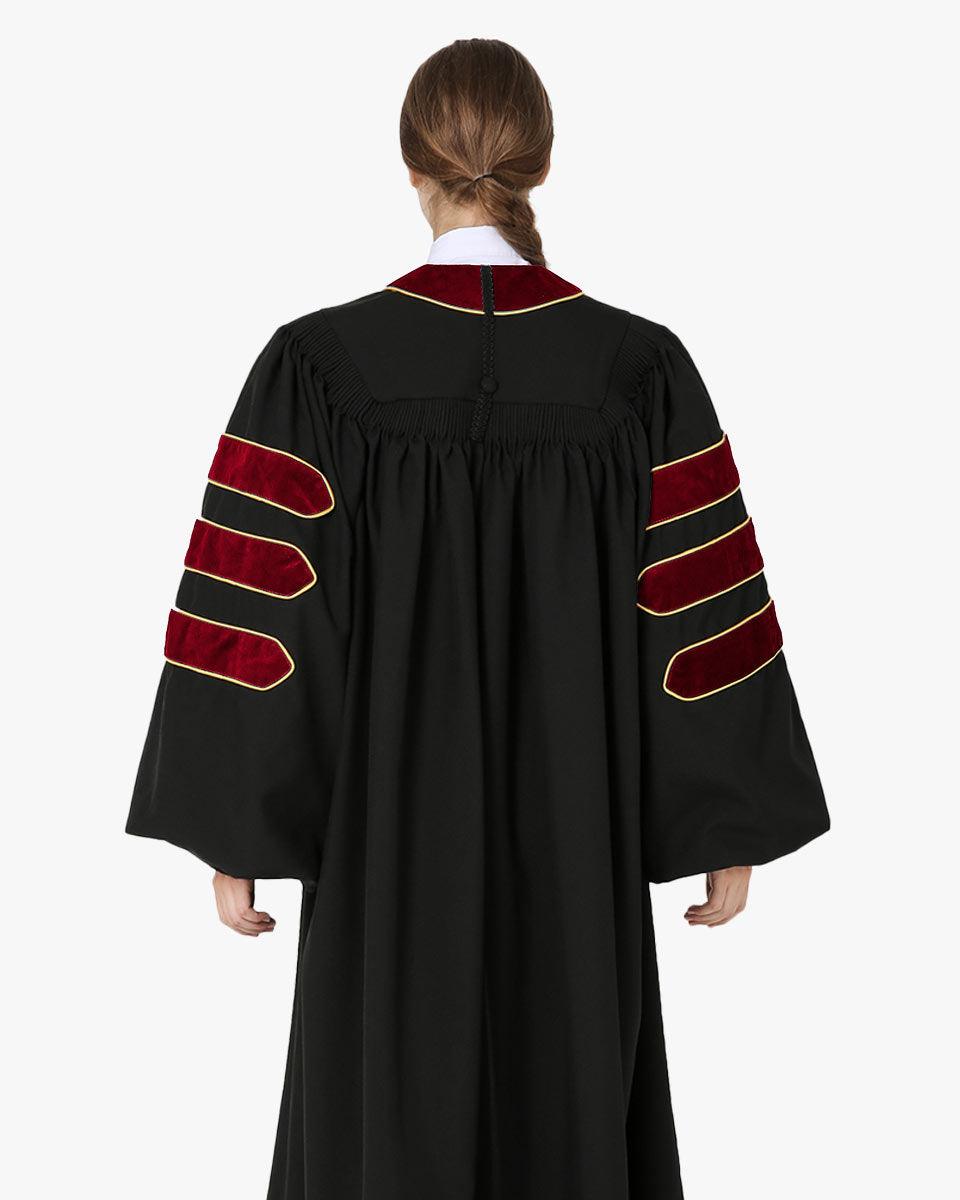 Deluxe Doctoral Graduation Gown and Cap Tam - Scarlet Trim with Gold Piping - Graduation Gown and Cap