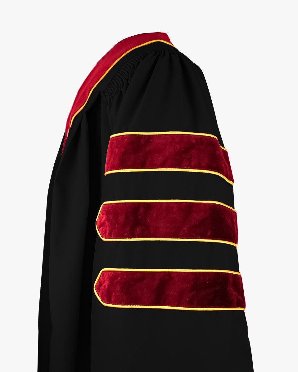 Deluxe Doctoral Graduation Gown and Cap Tam - Scarlet Trim with Gold Piping - Graduation Gown and Cap