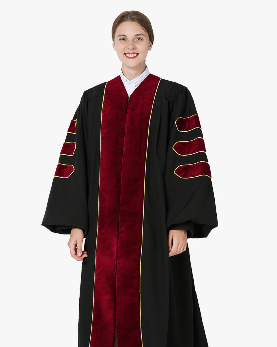 Deluxe Doctoral Graduation Gown and Cap Tam - Scarlet Trim with Gold Piping - Graduation Gown and Cap