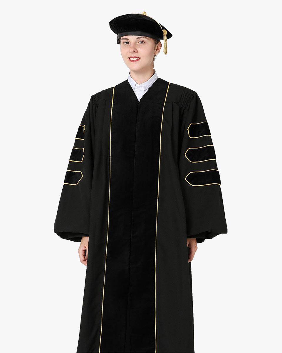 Deluxe Doctoral Gown Tam - Black Trim with Gold Piping - Graduation Gown and Cap