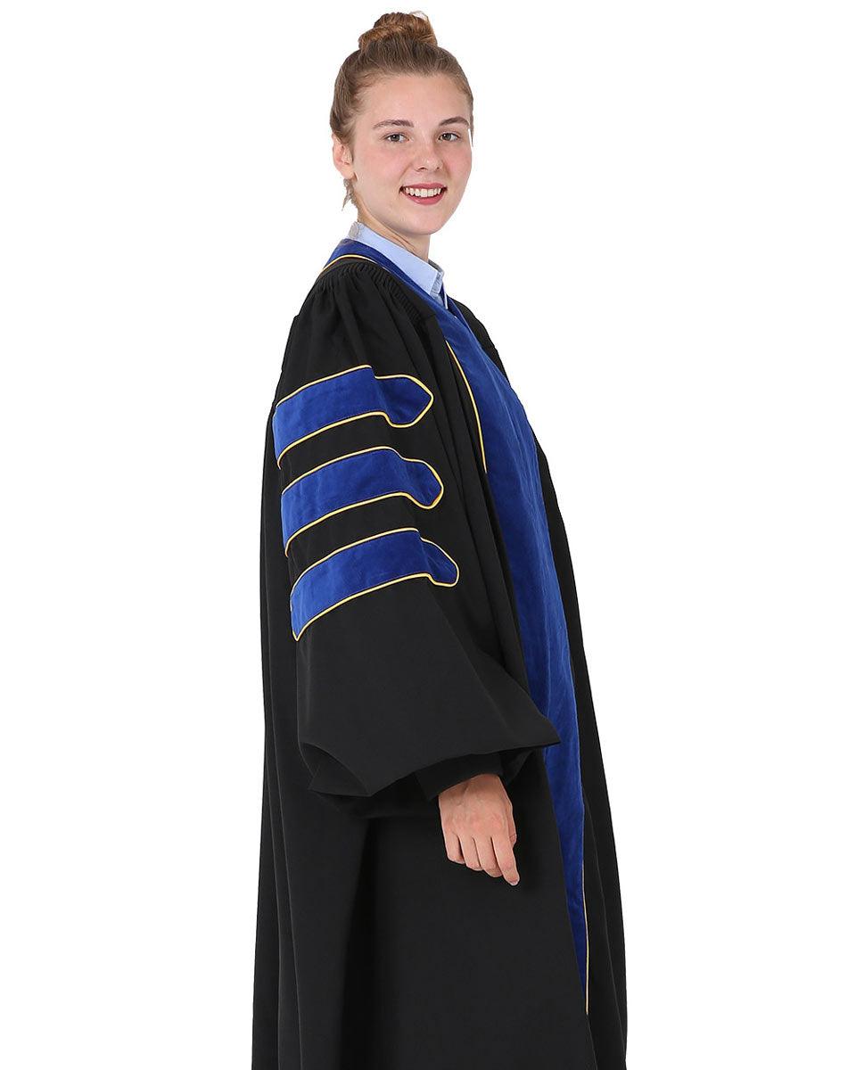 Deluxe Doctoral Gown Tam - PhD Blue Trim with Gold Piping - Graduation Gown and Cap