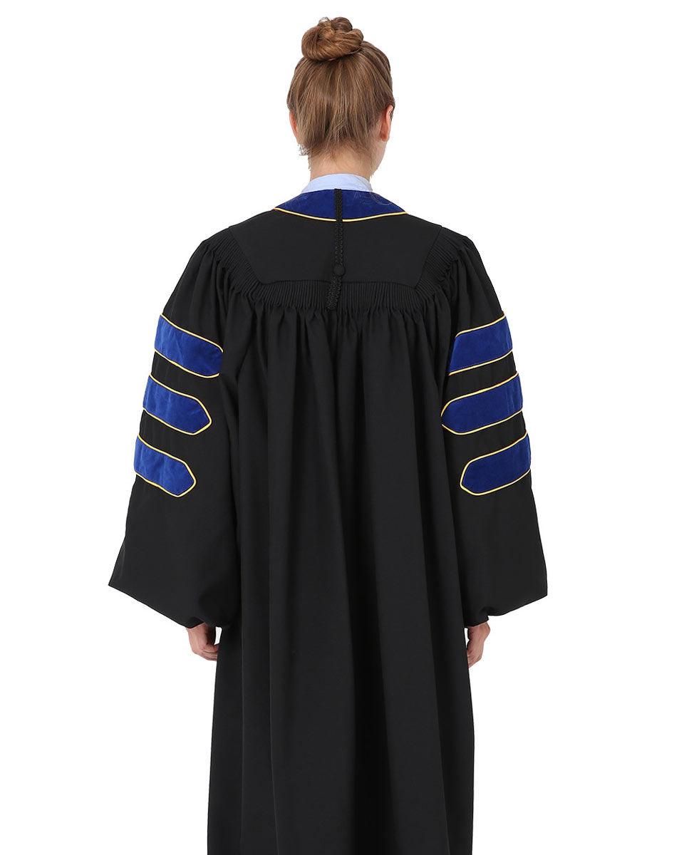 Deluxe Doctoral Gown Tam - PhD Blue Trim with Gold Piping - Graduation Gown and Cap
