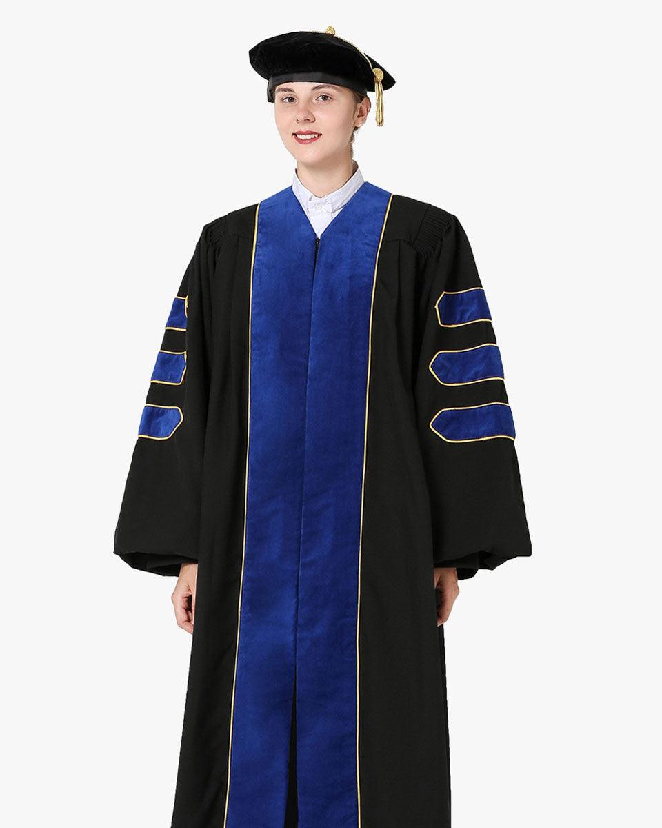 Deluxe Doctoral Gown Tam - PhD Blue Trim with Gold Piping - Graduation Gown and Cap