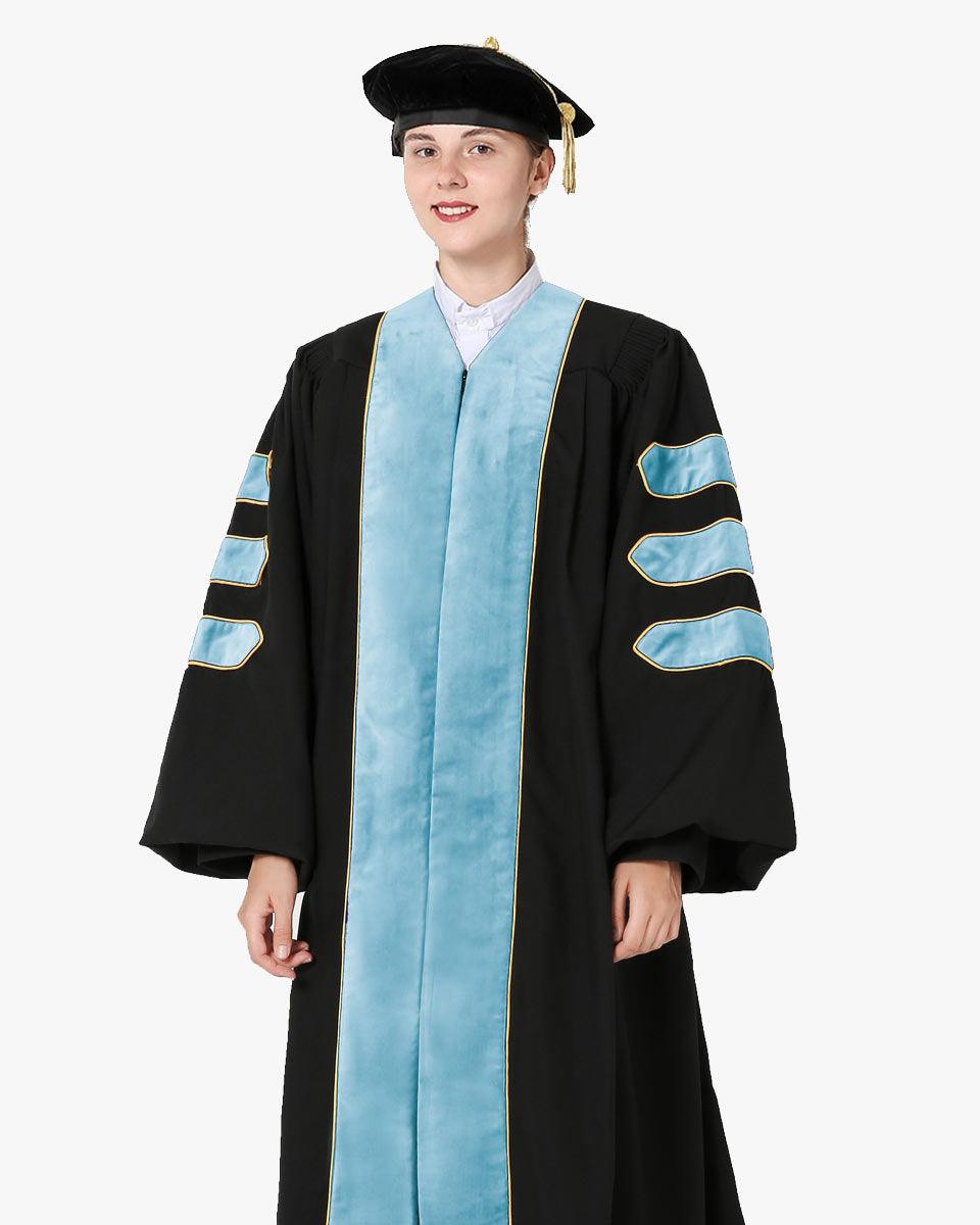 Deluxe Doctoral Gown Tam - Light Blue Trim with Gold Piping - Graduation Gown and Cap
