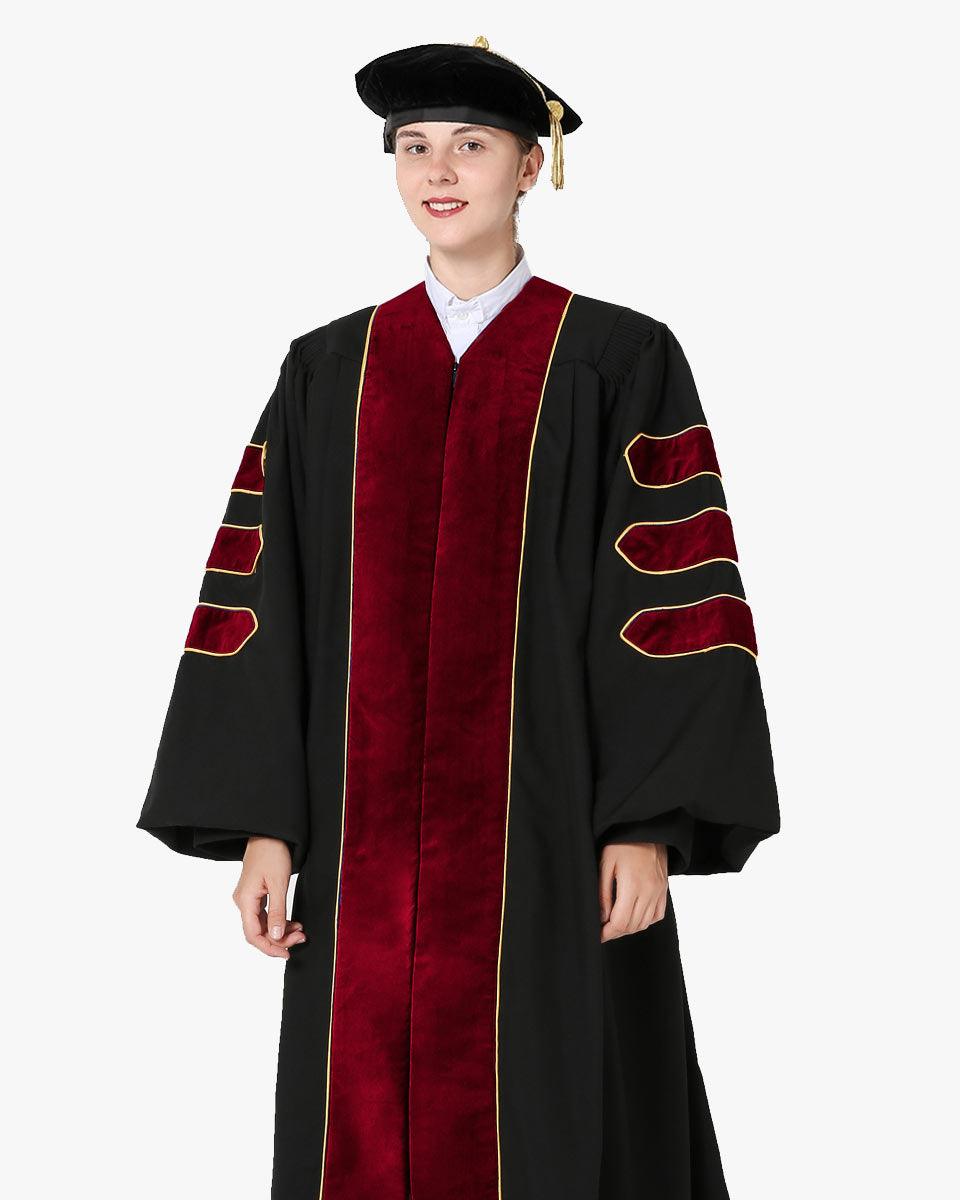 Deluxe Doctoral Graduation Gown and Cap Tam - Scarlet Trim with Gold Piping - Graduation Gown and Cap