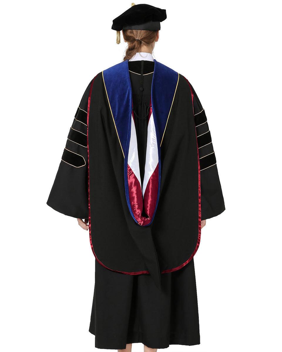 Deluxe PHD Doctoral Hood with Gold Piping - 10 Color Combinations Available - Graduation Gown and Cap